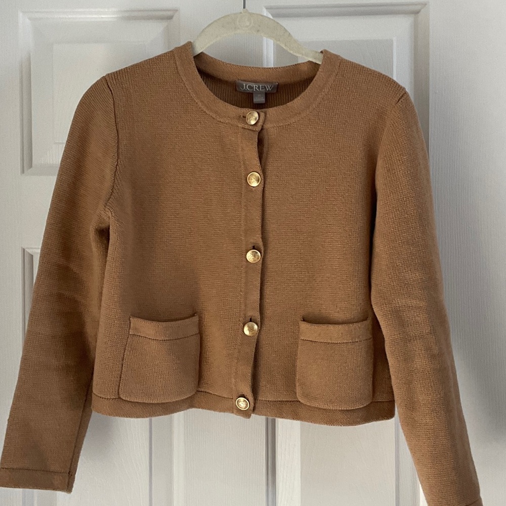 J. Crew Emilie Camel Knit Lady Jacket Cardigan with Gold Buttons